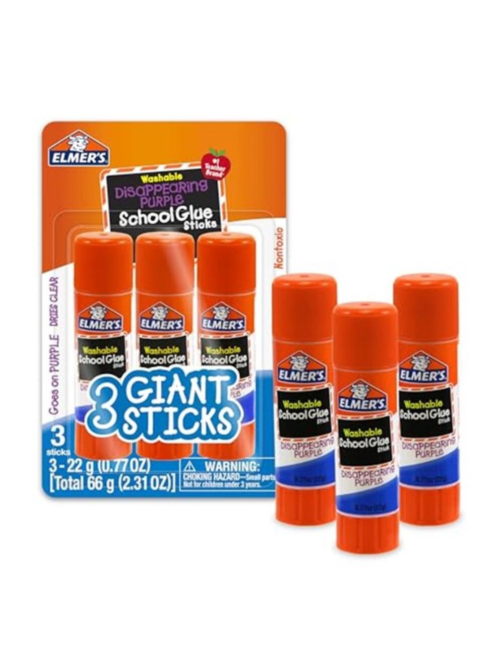 Disappearing Purple School Glue Sticks, Washable, 22 Grams, 3 Count -